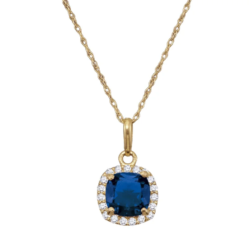 trendy crystal pendant necklace-6MM Cushion Blue Sapphire and White Sapphire Birthstone Halo 18-inch Pendant in 10KT Yellow Gold