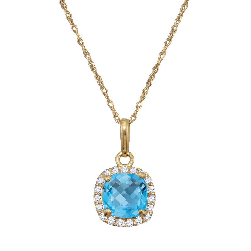 rose gold circle pendant necklace-6MM Cushion Blue Topaz and White Sapphire Birthstone Halo 18-inch Pendant in 10KT Yellow Gold