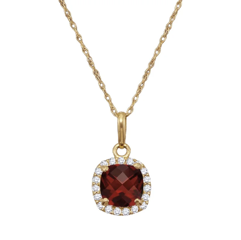 gemstone infinity necklace-6MM Cushion Garnet and White Sapphire Birthstone 18-inch Pendant in 10KT Yellow Gold