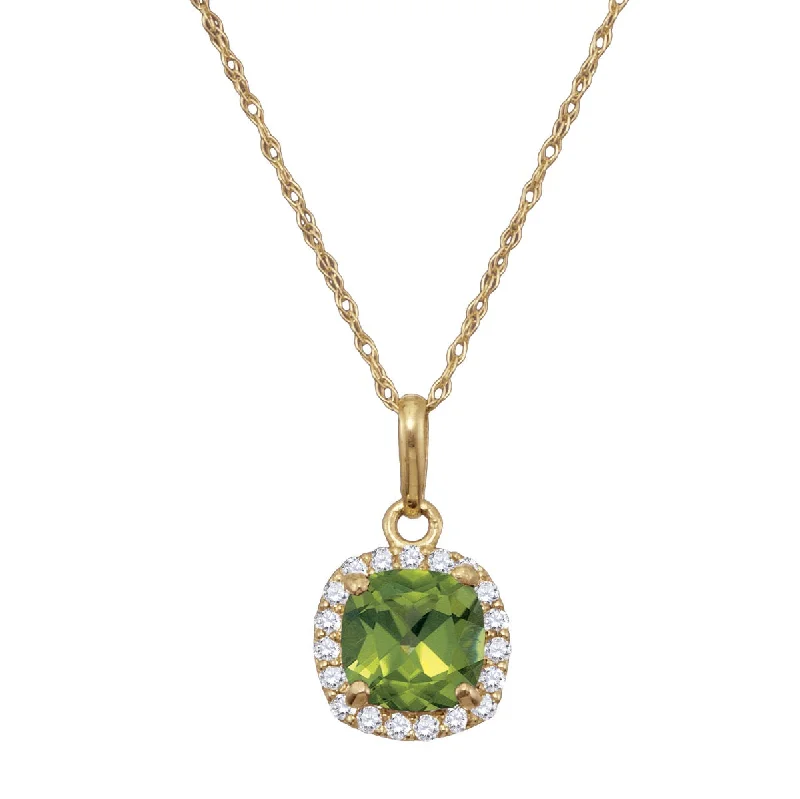 silver custom name charm necklace-6MM Cushion Peridot and White Sapphire Birthstone 18-inch Pendant in 10KT Yellow Gold