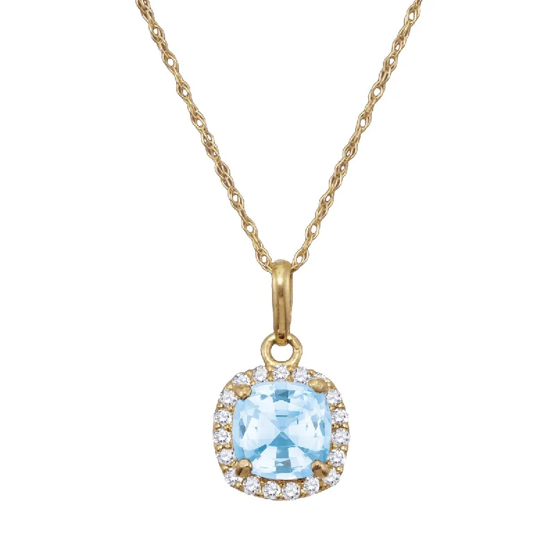 personalized heart-shaped crystal necklace-6MM Simulated Aquamarine and White Sapphire 18-inch Pendant in 10KT Yellow Gold