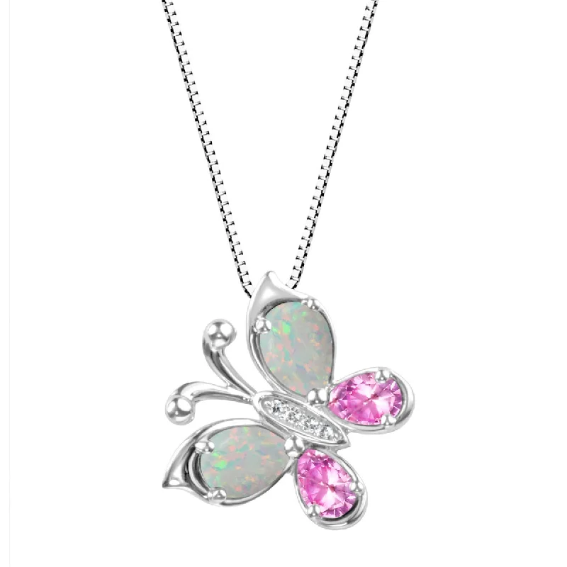 celestial necklace with stars and moon-6X4MM Opal and White Sapphire Butterfly 18-inch Pendant in Sterling Silver