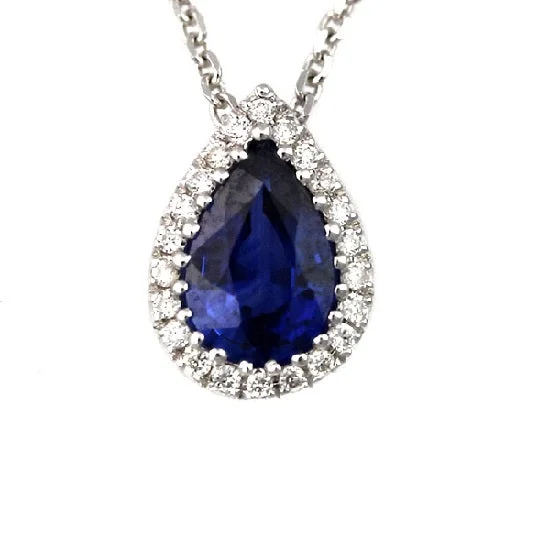 custom initials pendant for him-6X4MM Pear Blue Sapphire and Diamond Halo 18-inch Pendant in 14KT White Gold