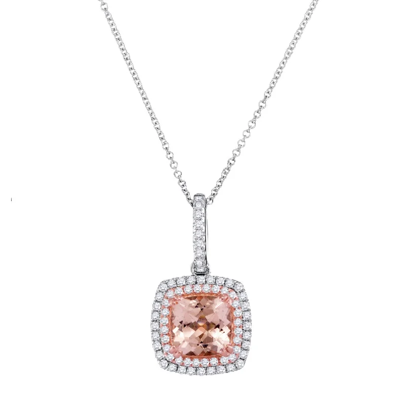 personalized angel wing necklace-7MM Cushion Morganite and Diamond Halo 18-inch Pendant in 14KT White and Rose Gold