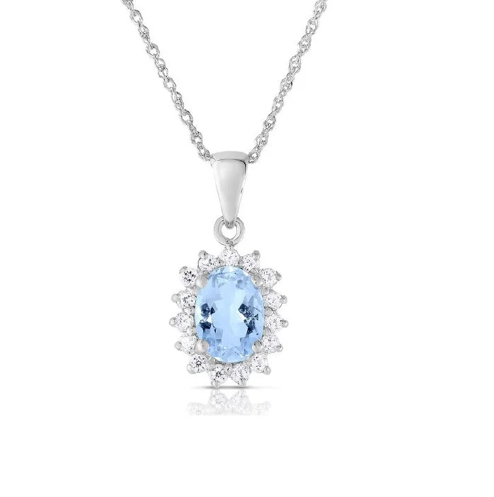 women’s delicate crystal necklace-7X5MM Oval Aquamarine and White Topaz Halo 18-inch Pendant in 10KT White Gold