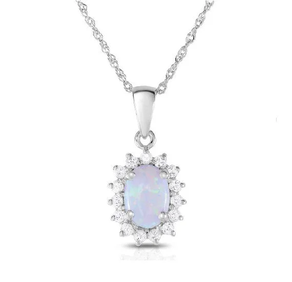 engraved pendant necklace for daughter-7X5MM Oval Opal and White Topaz Halo 18-inch Pendant in 10KT White Gold