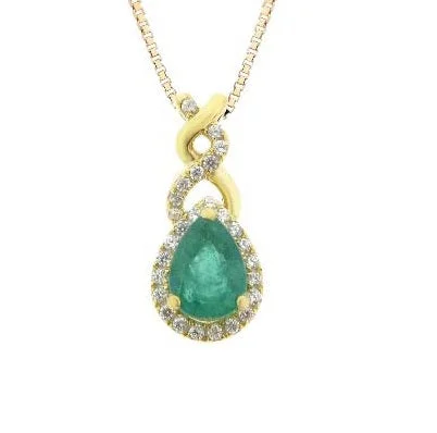 women’s delicate gold pendant necklace-7X5MM Pear Emerald and Diamond 18-inch Pendant in 10KT Yellow Gold