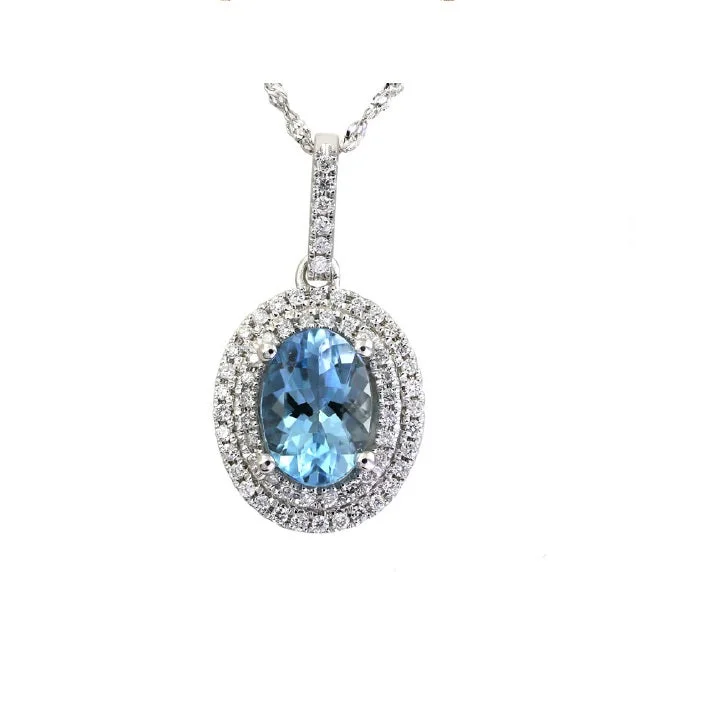 custom pendant necklace with charm-8X5MM Oval Aquamarine and Diamond Gem Stone Halo 18-inch Pendant in 14KT White Gold