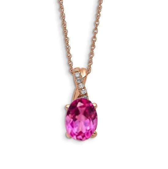 engraved custom name bar necklace-8X6MM Oval Pink Sapphire and Diamond Birthstone 18-inch Pendant in 10KT Rose Gold