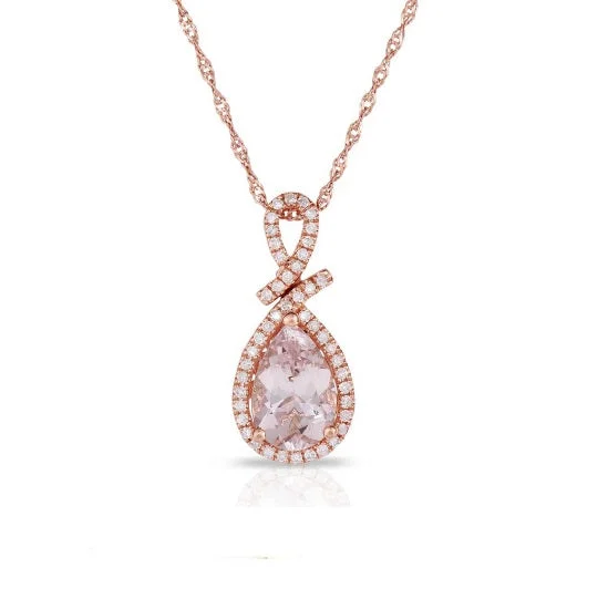 layered gold pendant necklace-9X6MM Pear Morganite and Diamond Filigree Halo 18-inch Pendant in 14KT Rose Gold