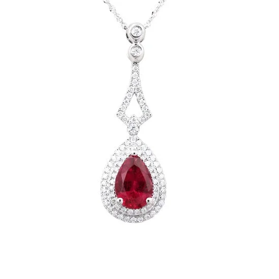 personalized oval pendant necklace-9X6MM Pear Rubellite and Diamond Halo 18-inch Pendant in 14KT White Gold