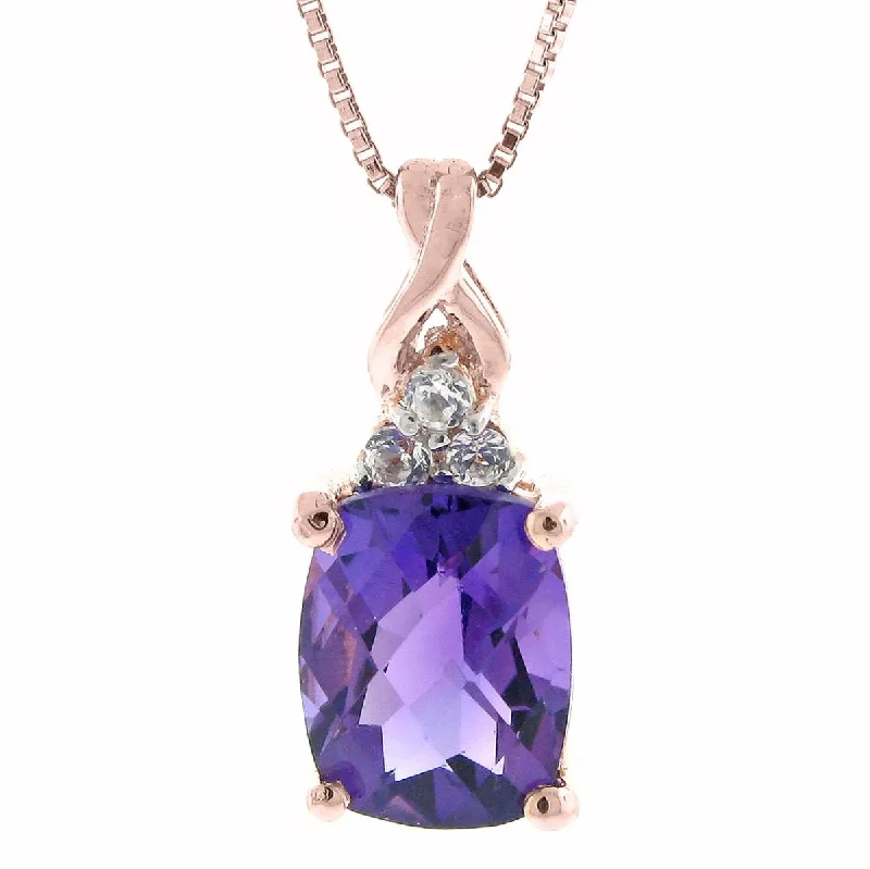 gold heart necklace with birthstone-9X7MM Cushion Amethyst and White Topaz 18-inch Pendant in 10KT Rose Gold