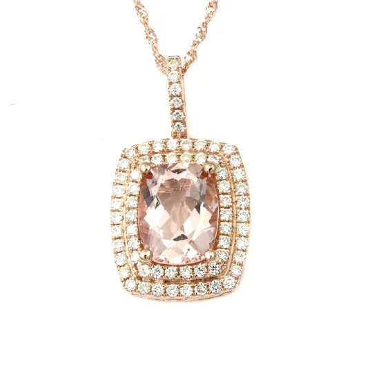 moon charm pendant necklace for women-9X7MM Cushion Morganite and Diamond Halo 18-inch Pendant in 14KT Rose Gold