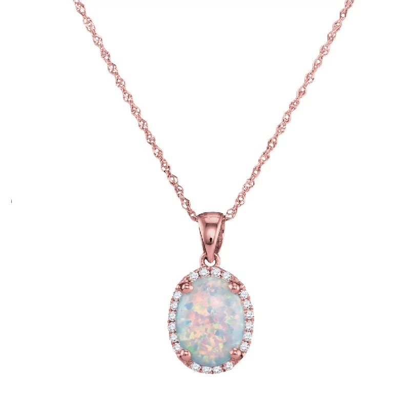 rose gold moon pendant necklace-9X7MM Oval Opal and Diamond Halo Birthstone 18-inch Pendant in 10KT Rose Gold