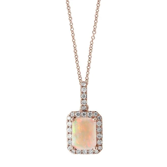 custom family birthstone necklace for mom-EFFY 8X6MM Emerald Shape Opal and Diamond Halo 18-inch Pendant in 14KT Rose Gold