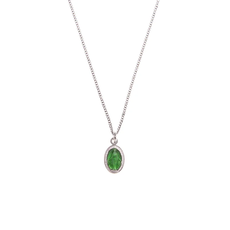 vintage gemstone necklace for women-GREEN SAINT MARY CHARM NECKLACE - SILVER