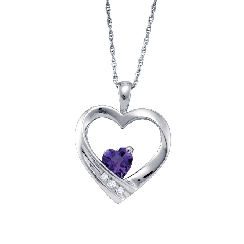 gold pendant with personalized engraving-Heart Shape Amethyst and Diamond Birthstone 18-inch Pendant in Sterling Silver