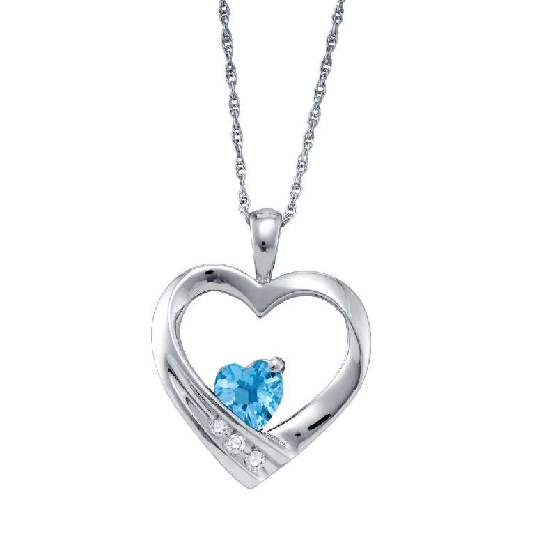 custom pearl necklace with name-Heart Shape Blue Topaz and Diamond Birthstone 18-inch Pendant in Sterling Silver