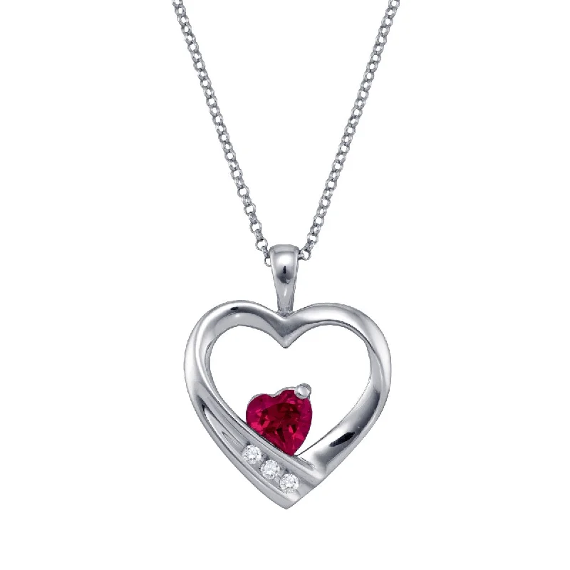 elegant diamond pendant for necklace-Heart Shape Ruby and Diamond Birthstone 18-inch Pendant in Sterling Silver