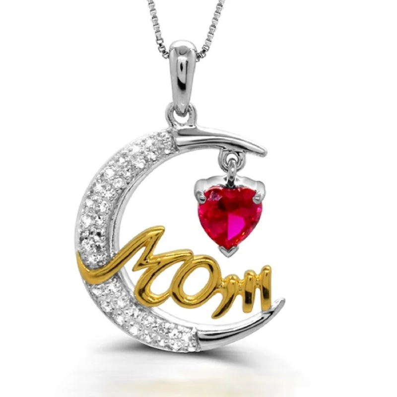 custom gold chain necklace for women-Heart Shape Ruby and White Sapphire Mom 18-inch Pendant in Sterling Silver