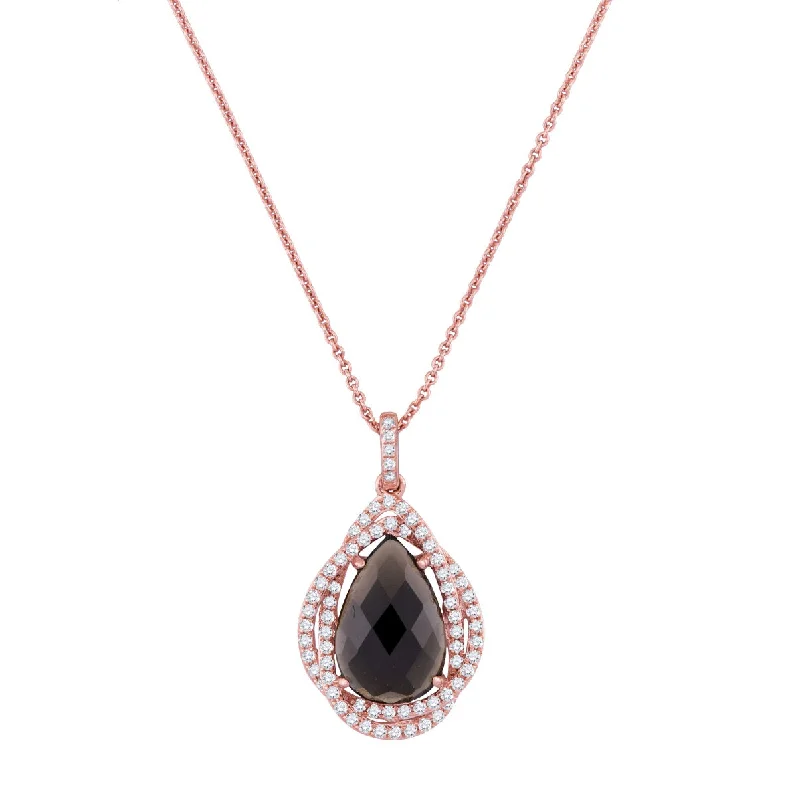 custom engraved name necklace for her-Pear Smokey Quartz and Diamond Fashion 18-inch Pendant in 14KT Rose Gold