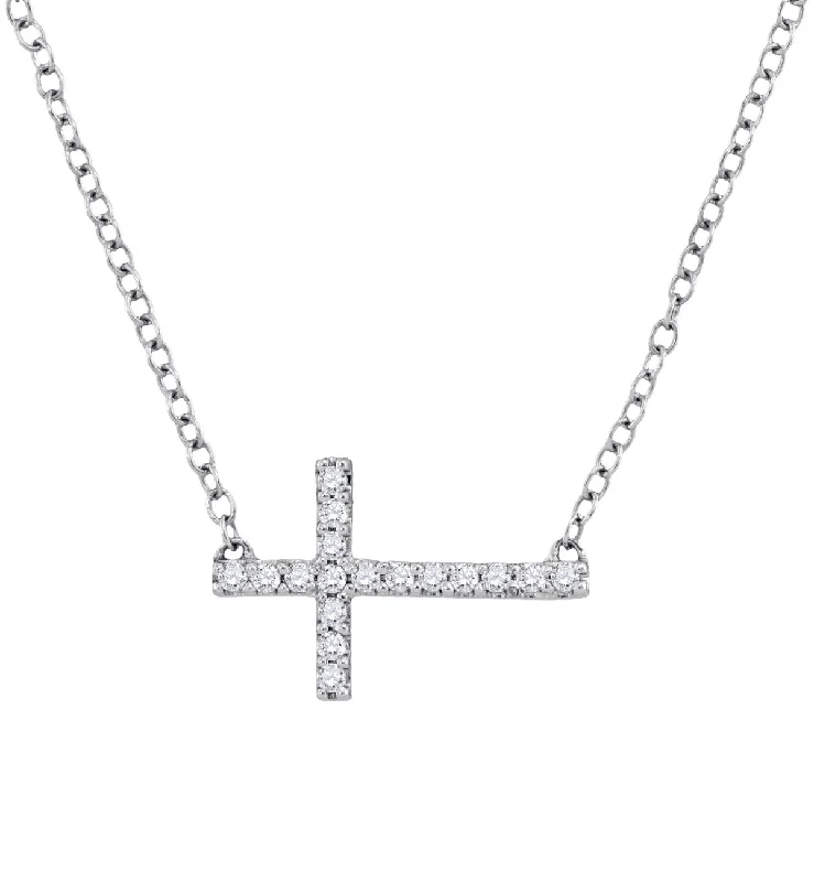 large gemstone pendant necklace for men-Rhodium Plated Sterling Silver Diamond 18-inch Cross Sideway Pendant