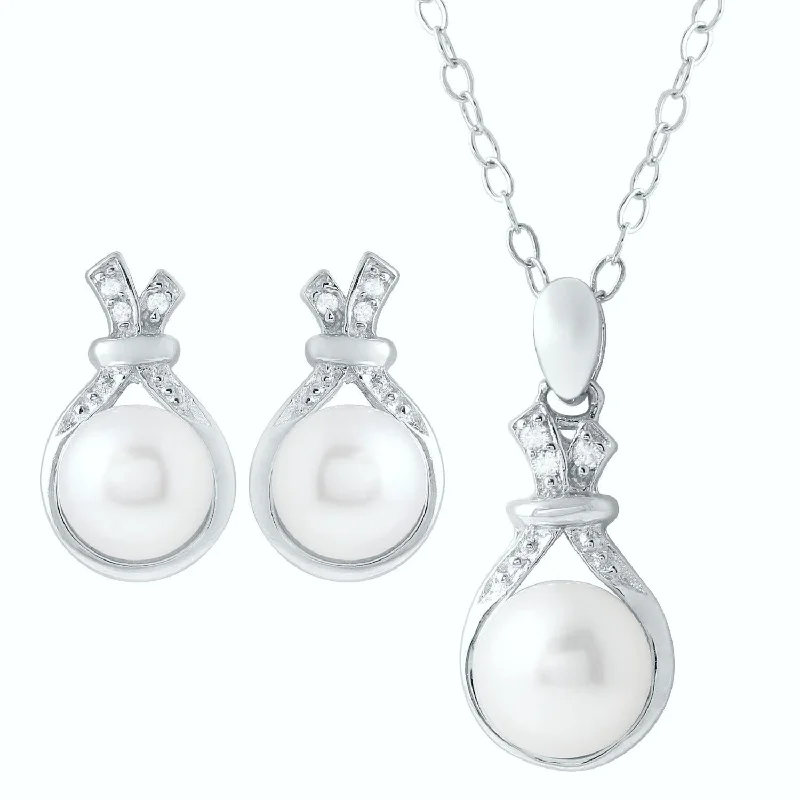 elegant long pendant necklace for women-Round Pearl and Cubic Zirconia 18-inch Pendant in Sterling Silver