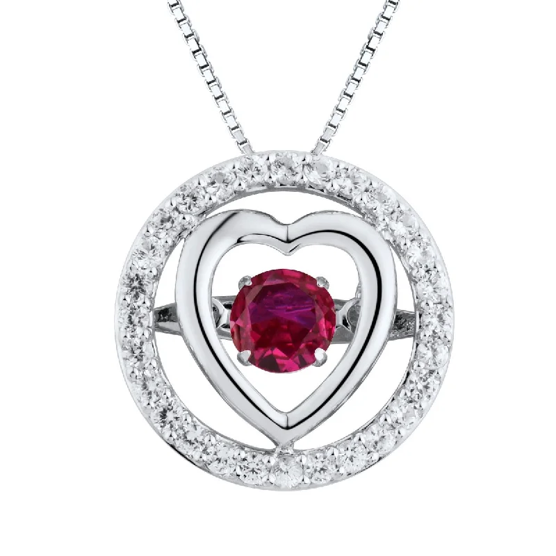 personalized name bar necklace for her-Round Ruby and White Sapphire Heart 18-inch Pendant in Sterling Silver