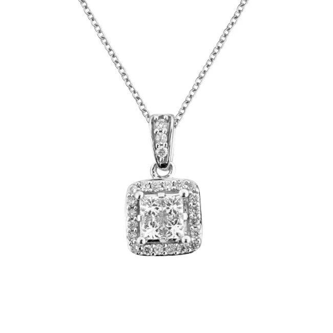 engraved family tree charm necklace-Signature 1/2 CTW Diamond Halo 18-inch Pendant in 14KT White Gold