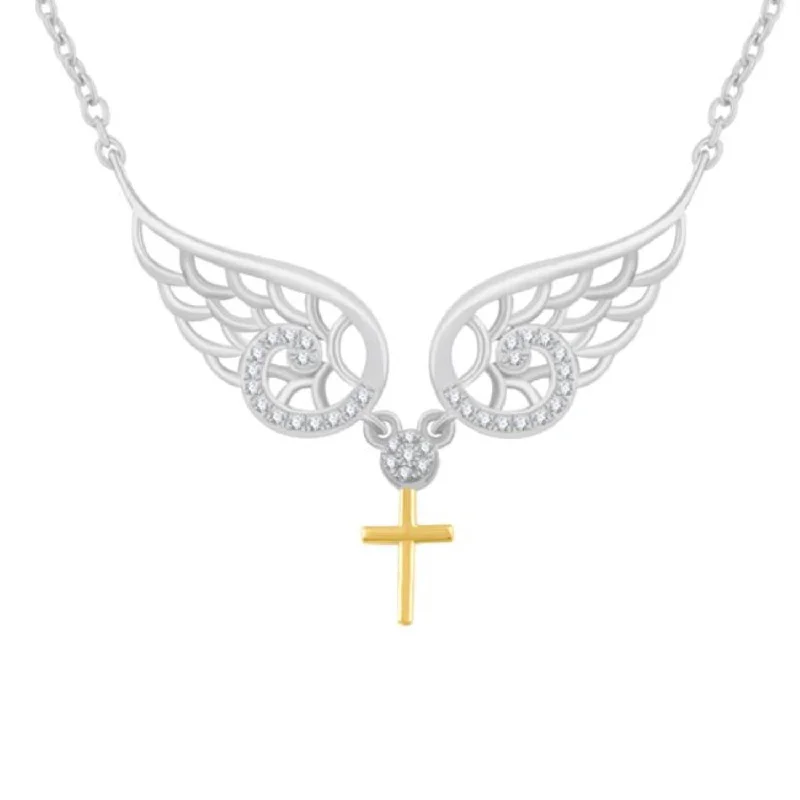 custom gold heart pendant necklace-Sterling Silver 1/10 CTW Diamond 18-inch Angel Cross Pendant