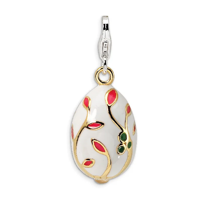 dainty charm pendant necklace-Sterling Silver 3-D Enameled Gold-plated White Egg w/Lobster Clasp Charm