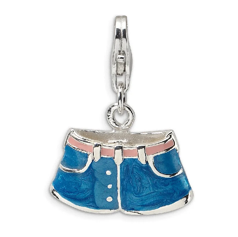 layered gold pendant necklace-Sterling Silver 33X17MM Three Dimensional Enamel Lobster Clasp Jean Shorts Charm