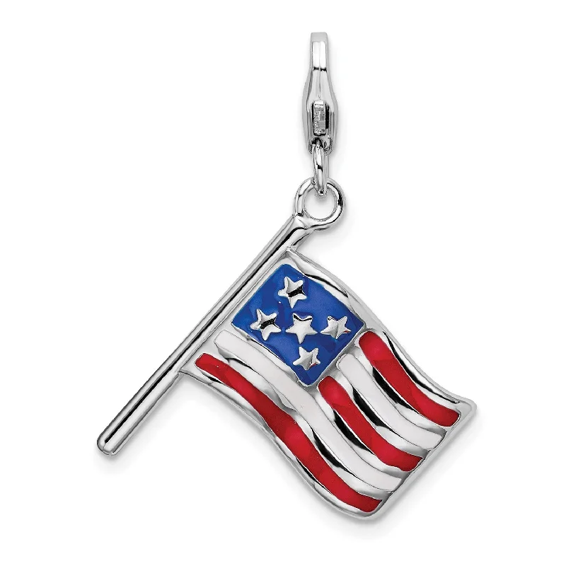 custom charm pendant necklace for men-Sterling Silver 41X16MM Three Dimensional Enamel Reversible Lobster Clasp American Flag Charm