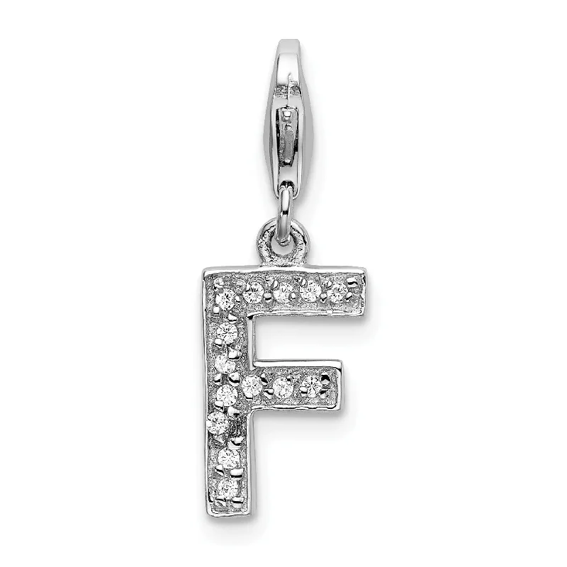 custom sterling silver charm necklace-Sterling Silver RH CZ Letter F w/Lobster Clasp Charm