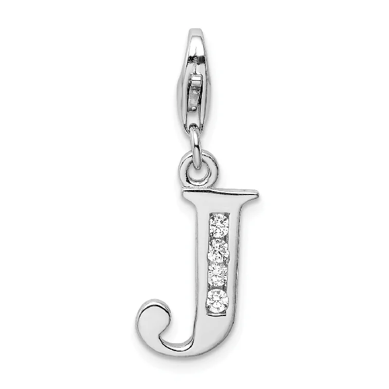 men’s engraved pendant necklace with name-Sterling Silver RH CZ Letter J w/Lobster Clasp Charm