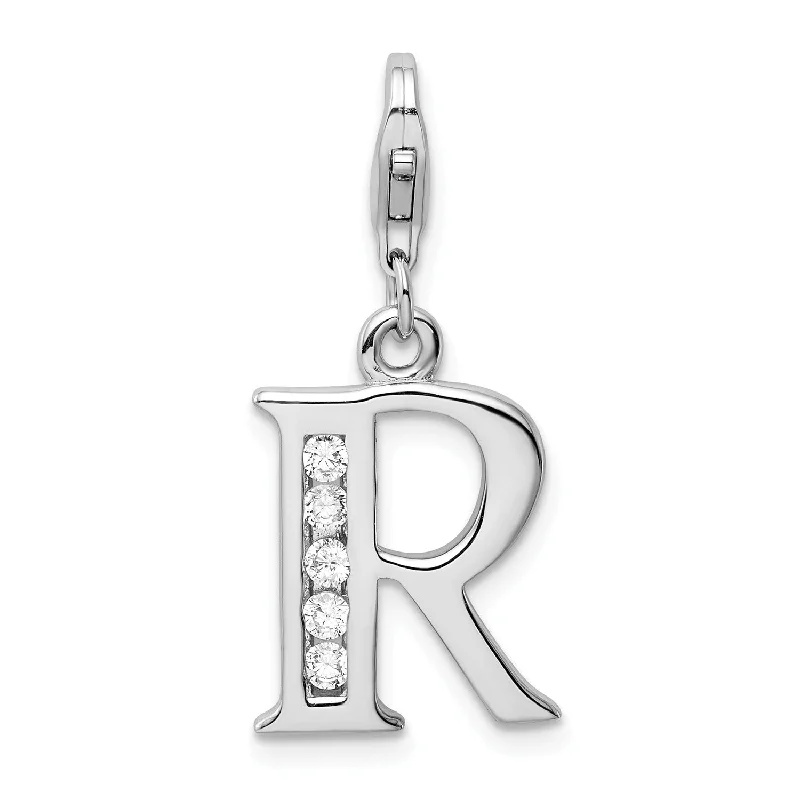 custom engraved name necklace for her-Sterling Silver RH CZ Letter R w/Lobster Clasp Charm