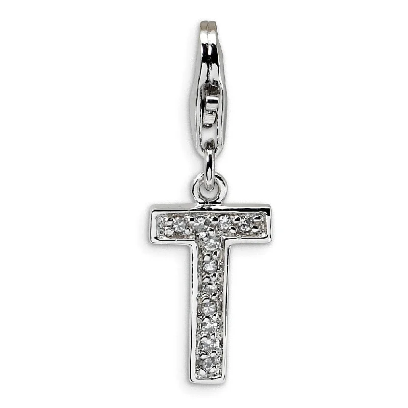 long sterling silver pendant necklace-Sterling Silver RH CZ Letter T w/Lobster Clasp Charm