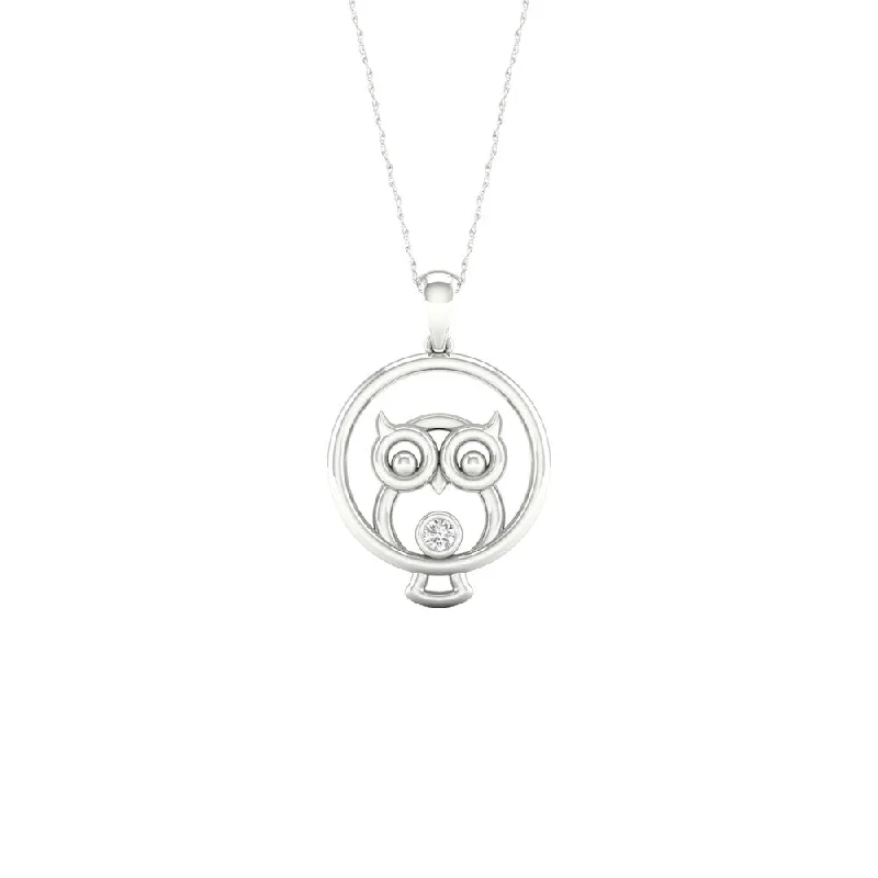 rose gold infinity bar necklace-1/20ct TDW Diamond Charm Animal Pendant in Sterling Silver- Owl - White