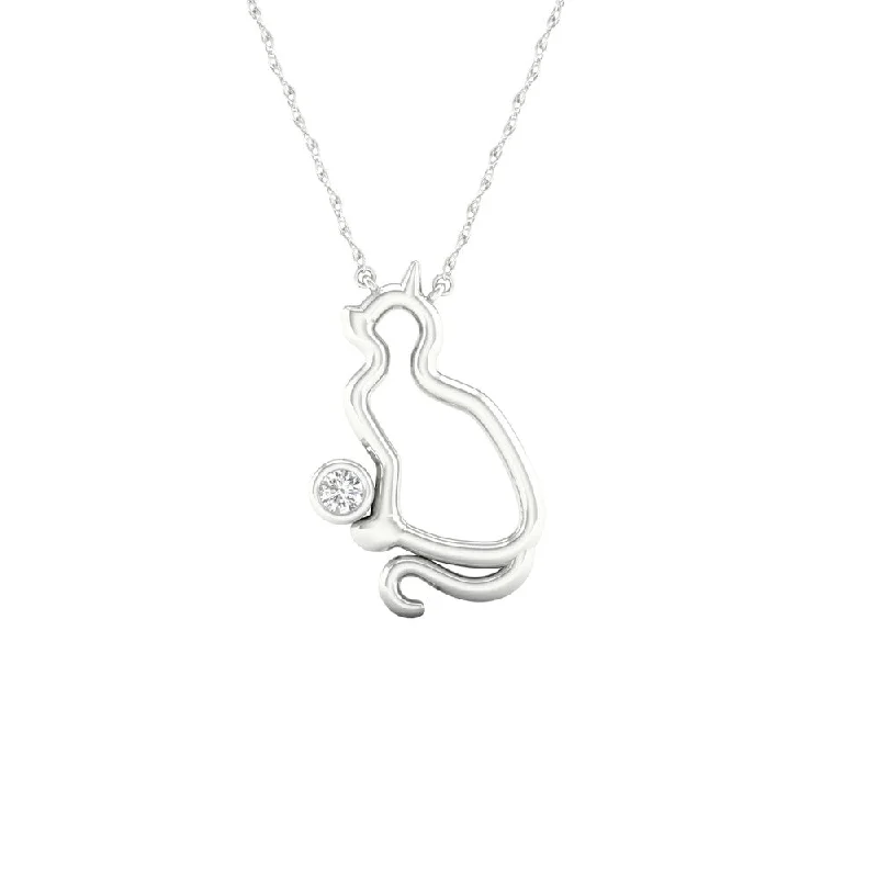 silver bar charm necklace-1/20ct TDW Diamond Charm Pet Pendant in Sterling Silver- Cat - White