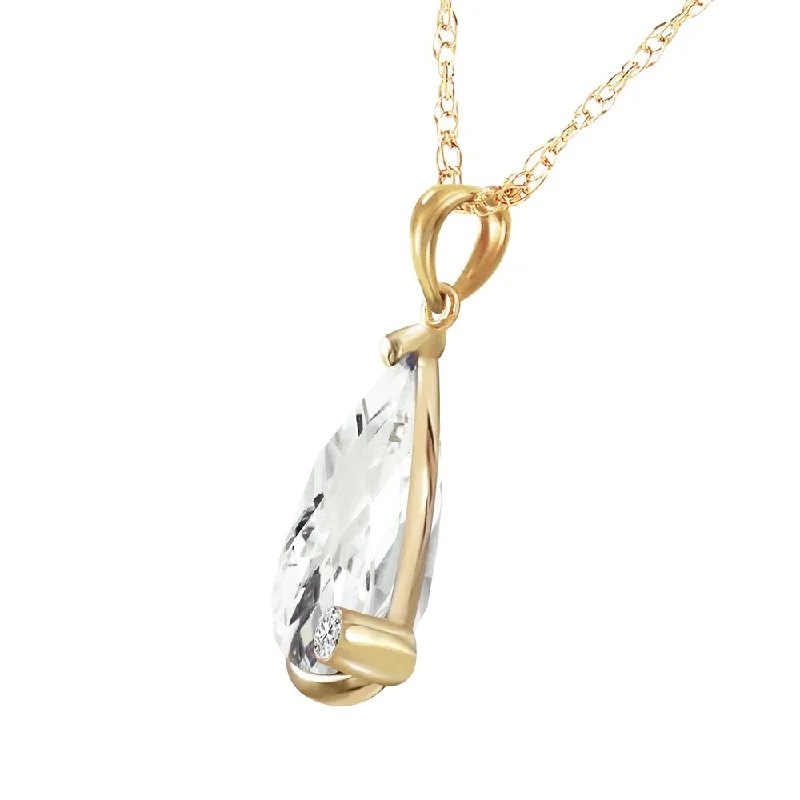 silver leaf pendant necklace-14K Solid Gold Necklace with Briolette Checkerboard Cut White Topaz & Diamond