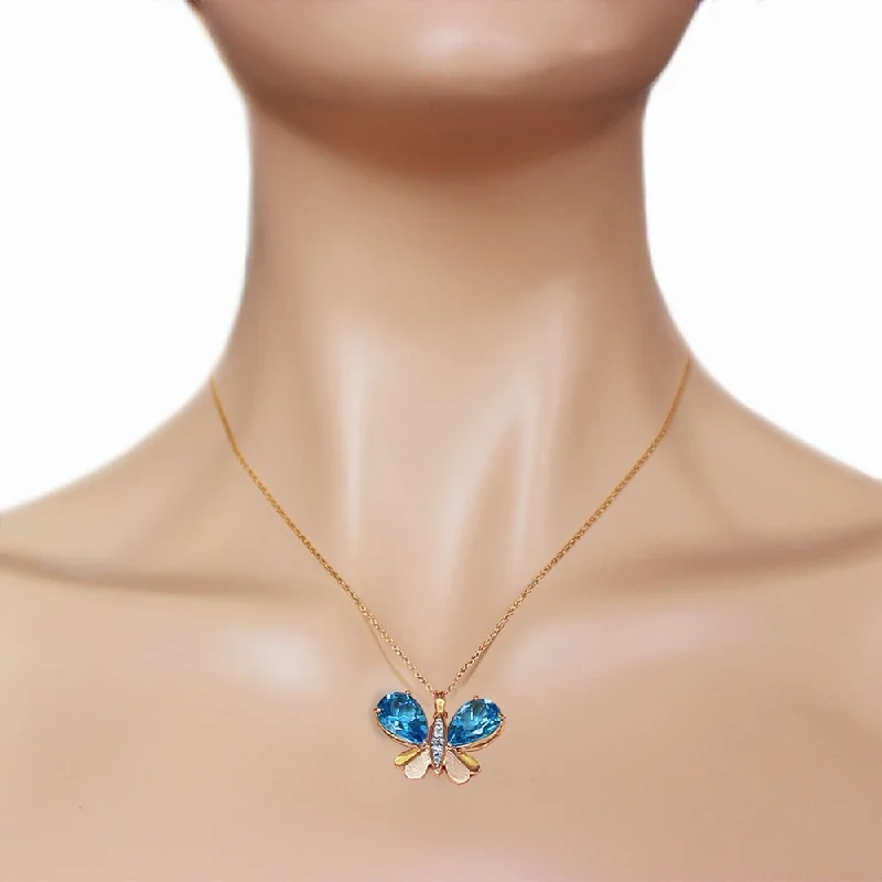 custom engraved silver necklace-14K Solid Rose Gold Batterfly Necklace with Natural Diamonds & Blue Topaz