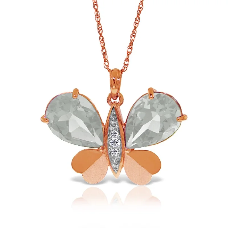 vintage crystal pendant necklace-14K Solid Rose Gold Batterfly Necklace with Natural Diamonds & White Topaz