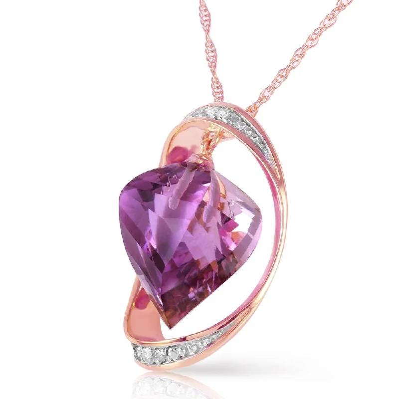 silver and gold pendant necklace-14K Solid Rose Gold Necklace with Natural Twisted Briolette Amethyst & Diamonds