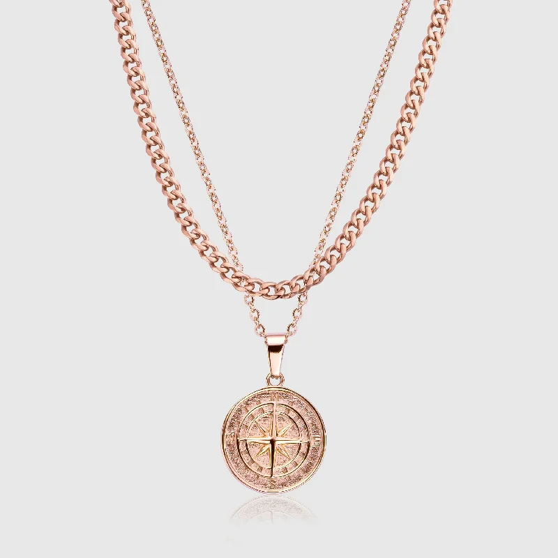 crystal quartz pendant necklace for men-Compass and Cuban Set (Rose Gold)