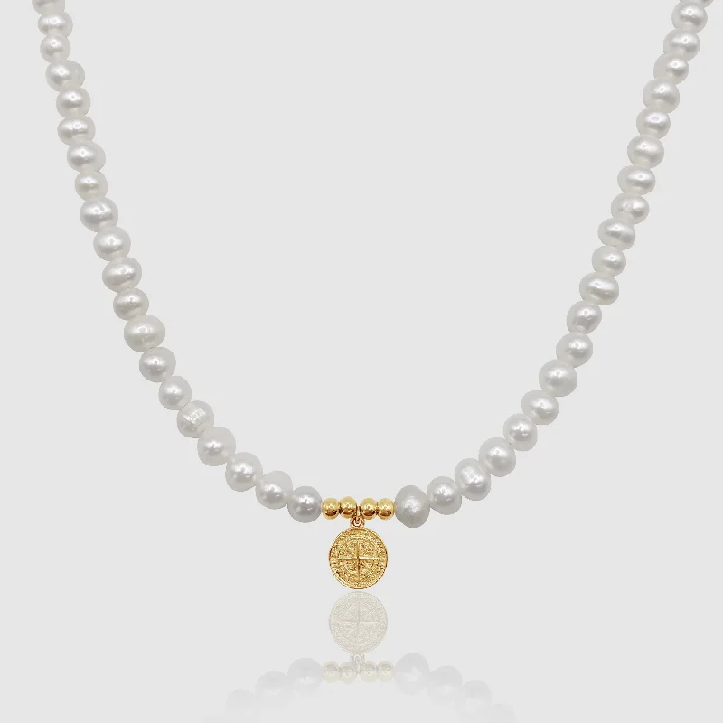 custom sterling silver charm necklace-Compass Real Pearl Necklace (Gold)