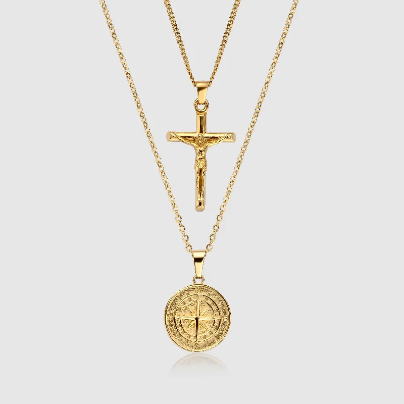 large gemstone pendant necklace for men-Compass x Crucifix Set (Gold)