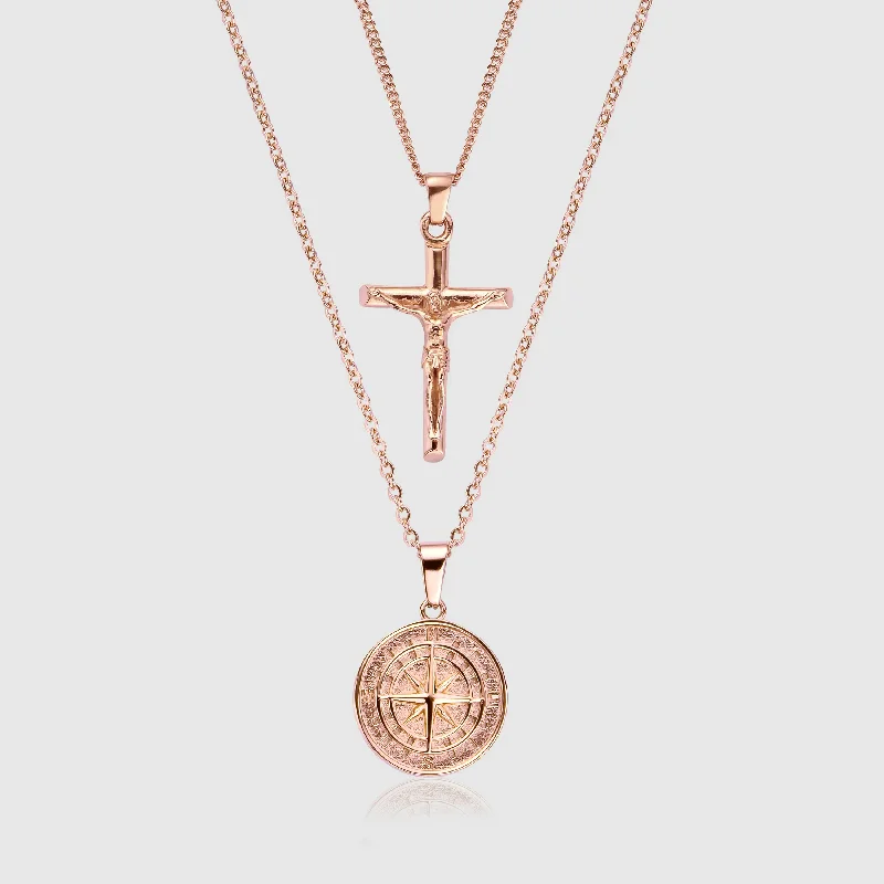 simple initial pendant necklace for men-Compass x Crucifix Set (Rose Gold)