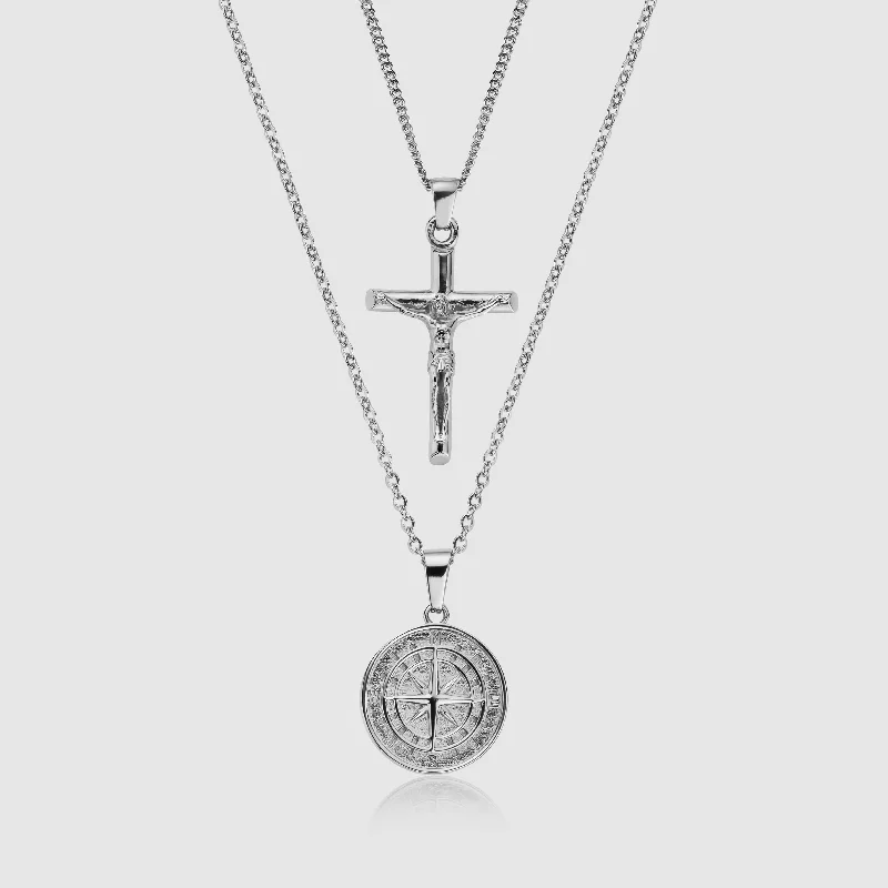 custom silver family name necklace-Compass x Crucifix Set (Silver)