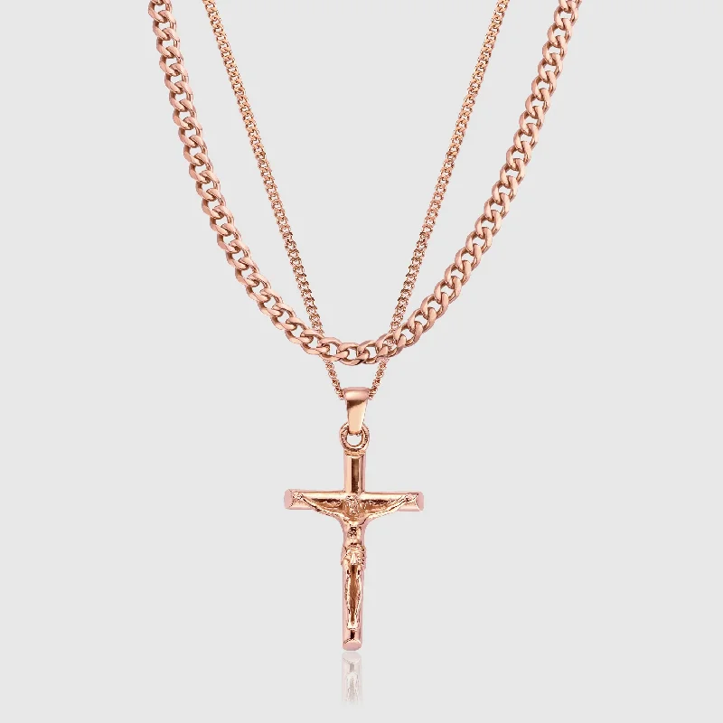 gold custom pendant necklace for him-Crucifix and Cuban Set (Rose Gold)