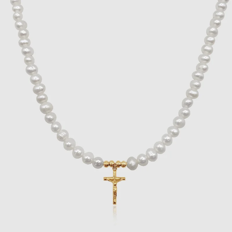 long sterling silver pendant necklace-Crucifix Real Pearl Necklace (Gold)